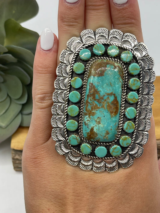 Adjustable Kingman Turquoise Cluster Ring by Larry Etsitty, Navajo