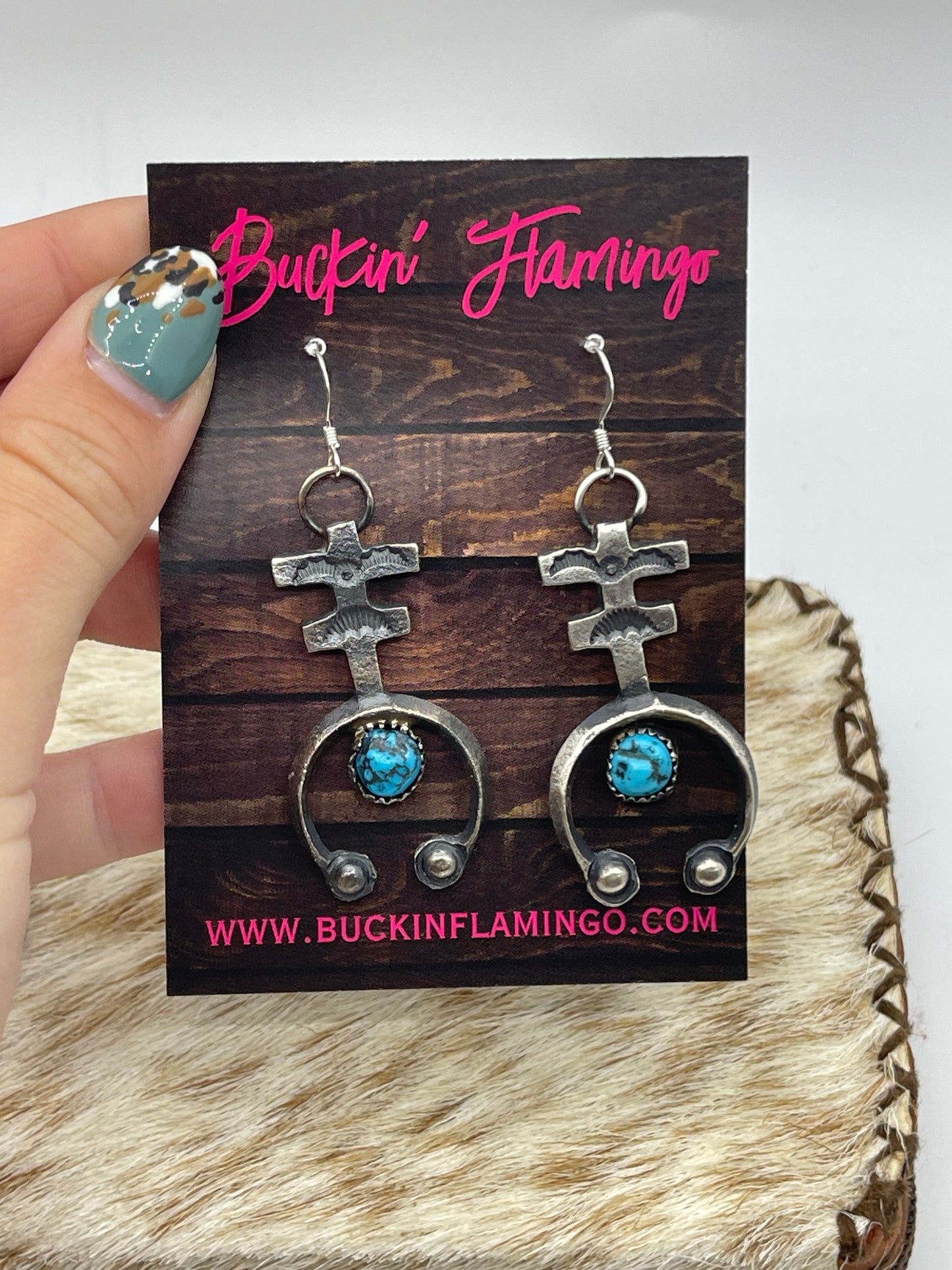 Tufa Cast Naja Turquoise Dangle Earrings by Eva and Linberg Billah, Navajo