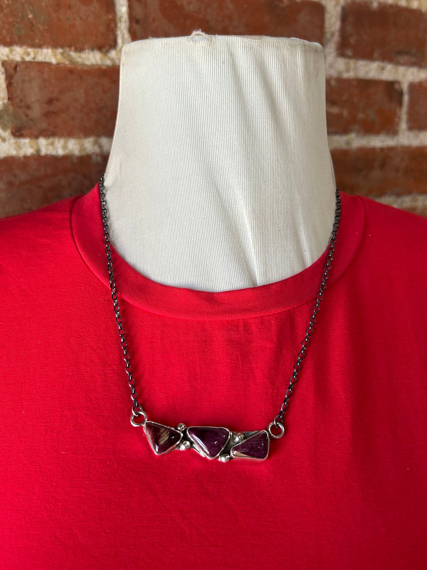 18" 3 Stone Purple Spiny Oyster Shell Necklace by Jude Candeleria, Zuni