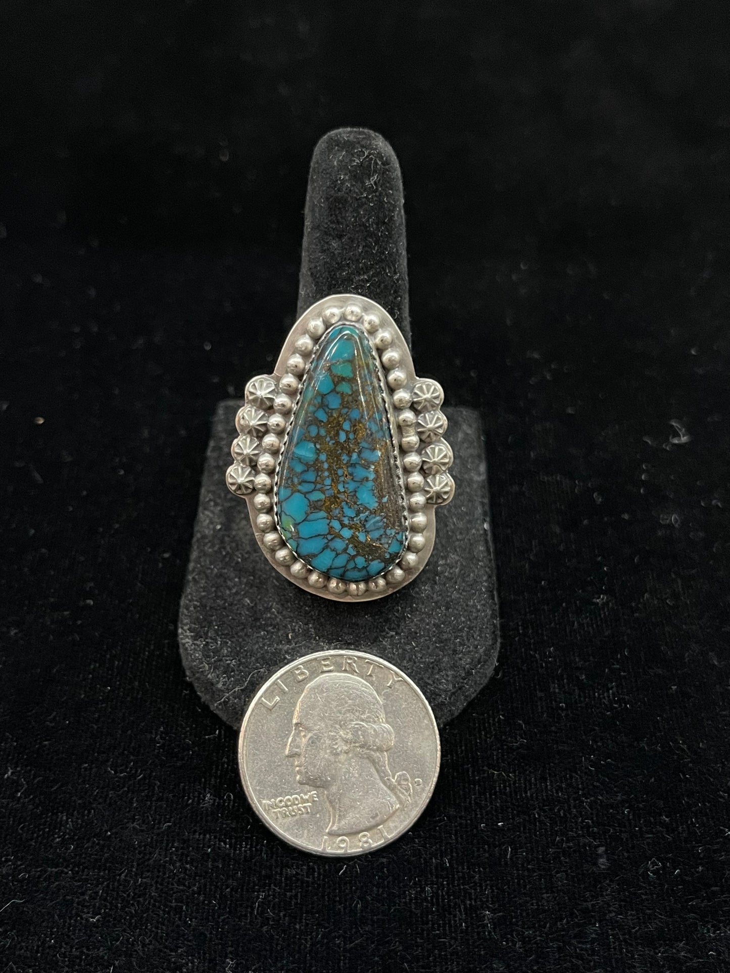 7.0 Kingman Web Turquoise Teardrop Ring by J. Piaso, Navajo