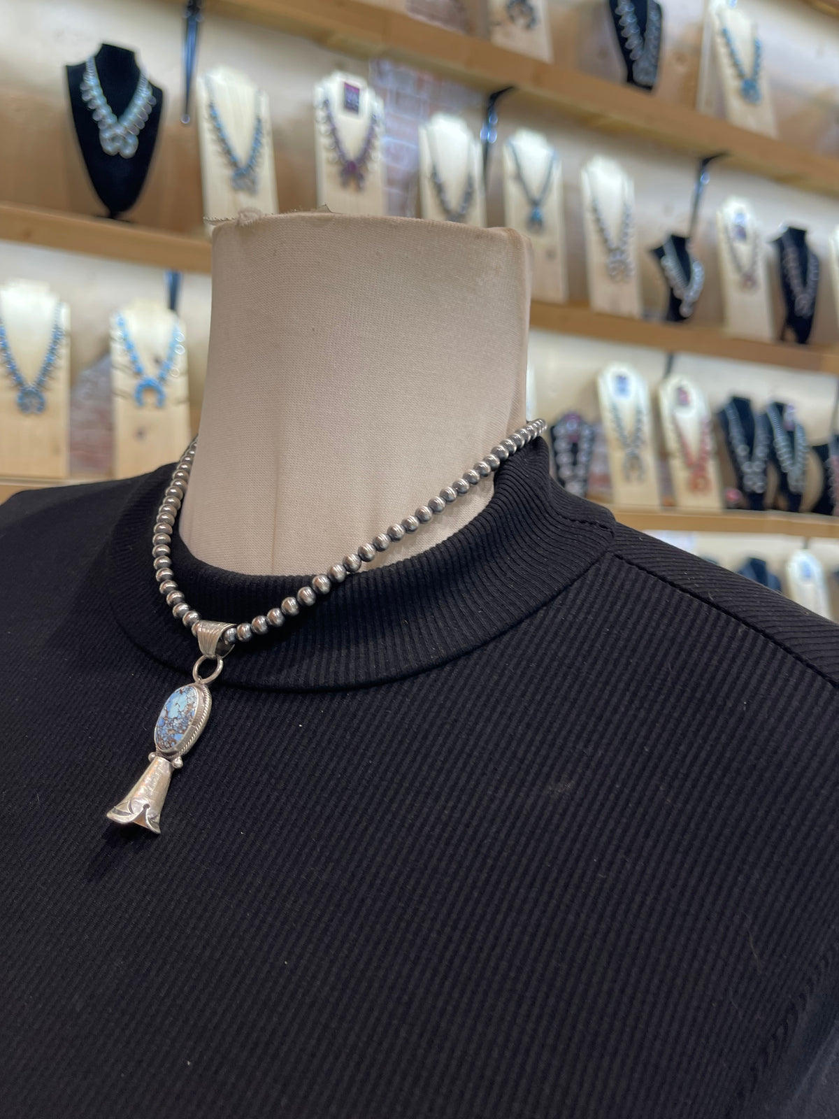 16" 5mm Navajo Style Pearls Golden Hills Turquoise Blossom Pendant by Sharon McCarthy, Navajo