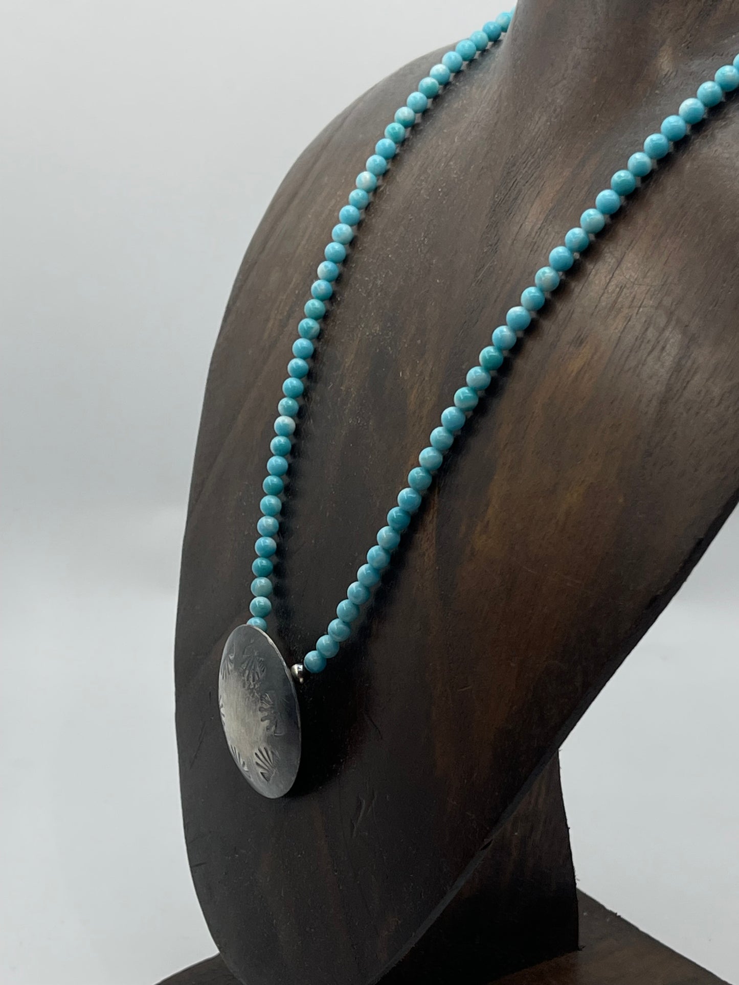 16" Turquoise Stamped Pillow Bead Necklace by Maryetta Kellywood, Navajo