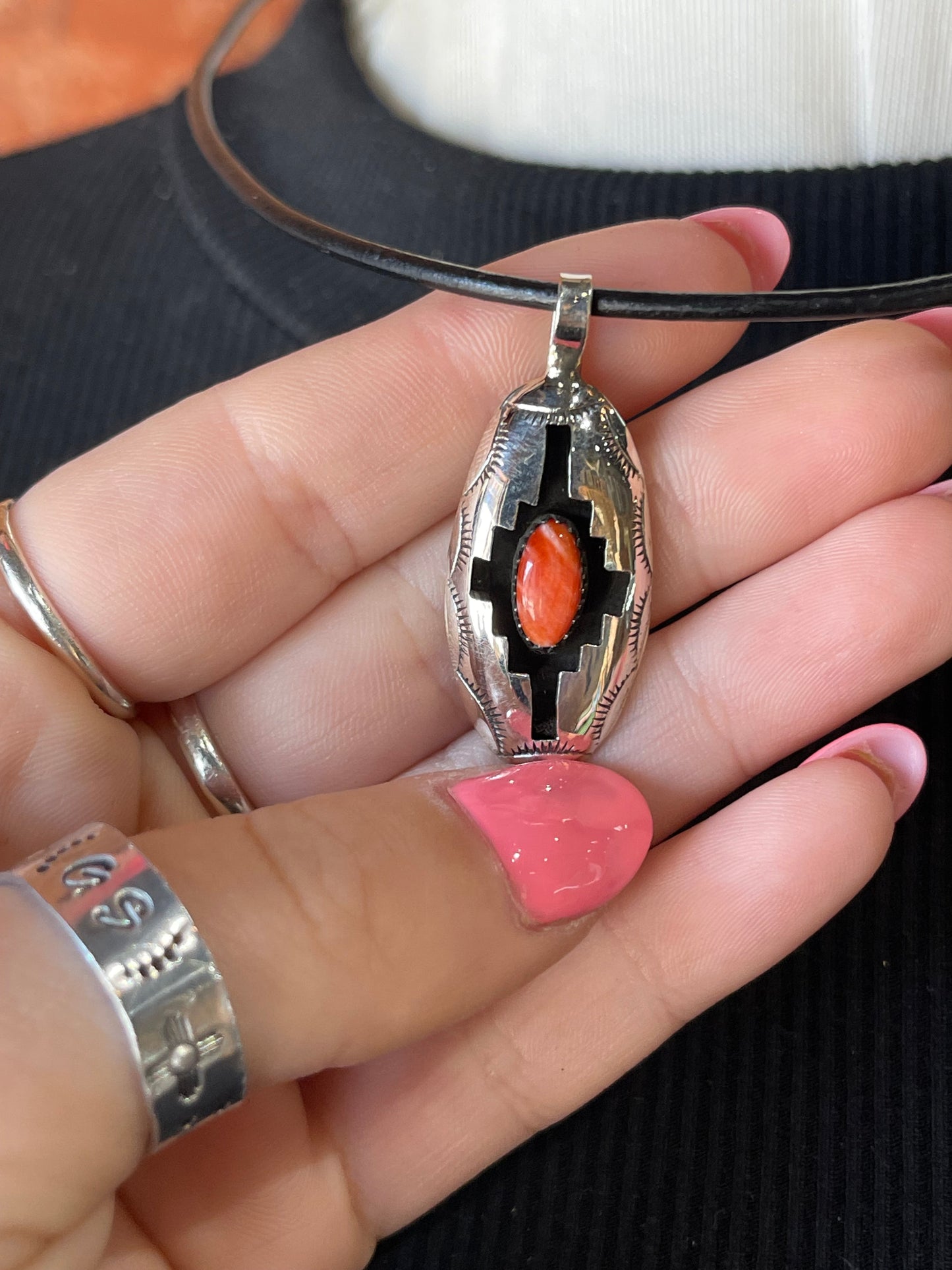 Shadow Box Pendant with Reddish Orange Spiny on a 20" Leather Necklace by Felix Perry
