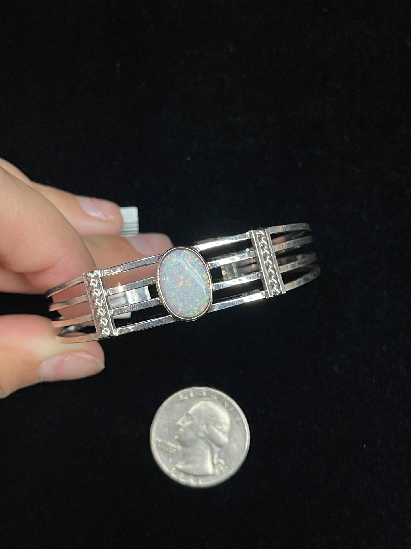 6"-7 1/4" White Opal Oval 4 Row Cuff by Thomas Yazzie, Navajo
