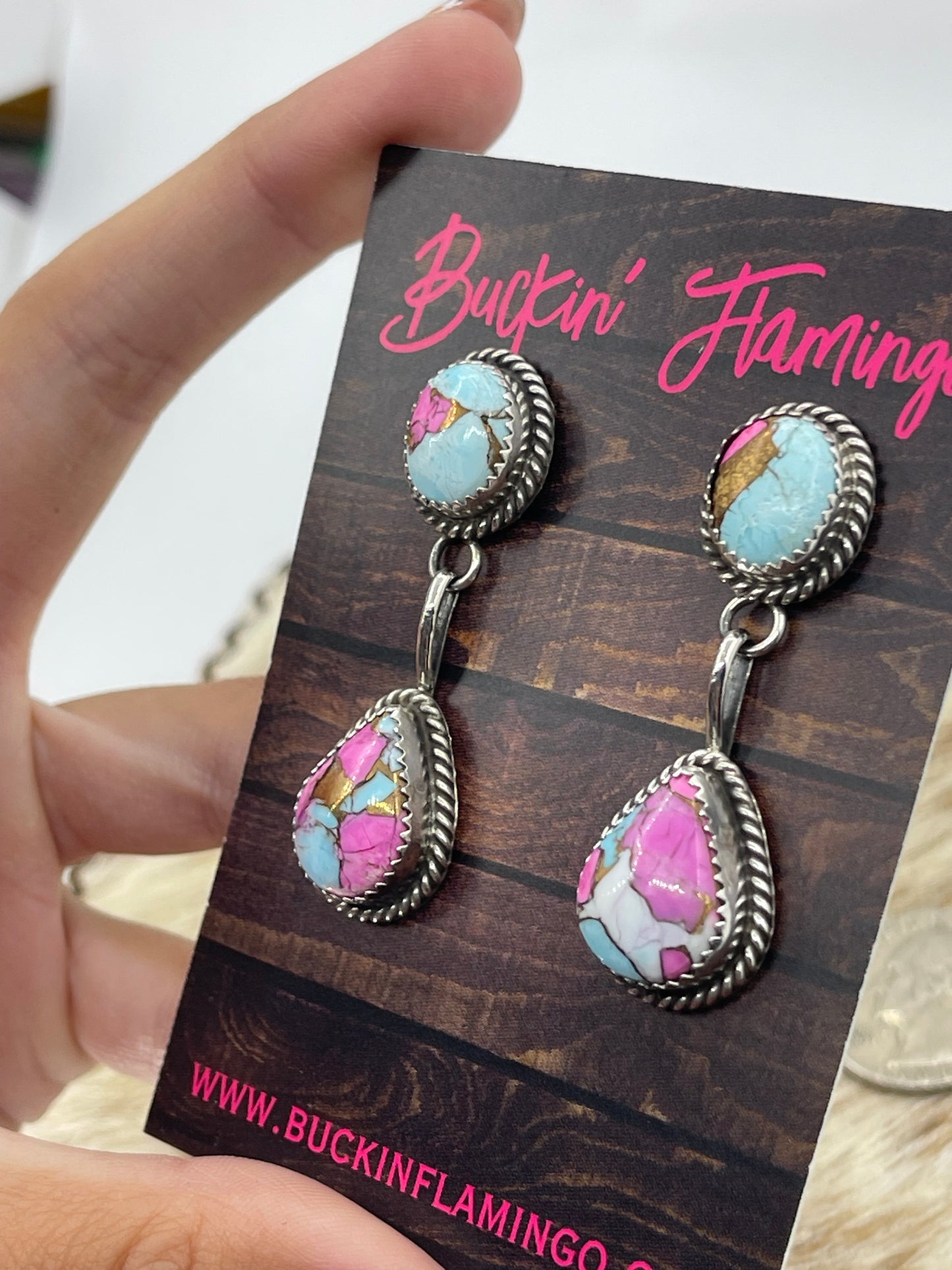 2 Stone Cotton Candy Post Dangle Earrings by Freda Martinez, Navajo