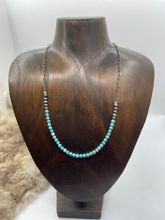 18" 4mm Navajo Style Pearls with Turquoise Beads Chain Link Necklace
