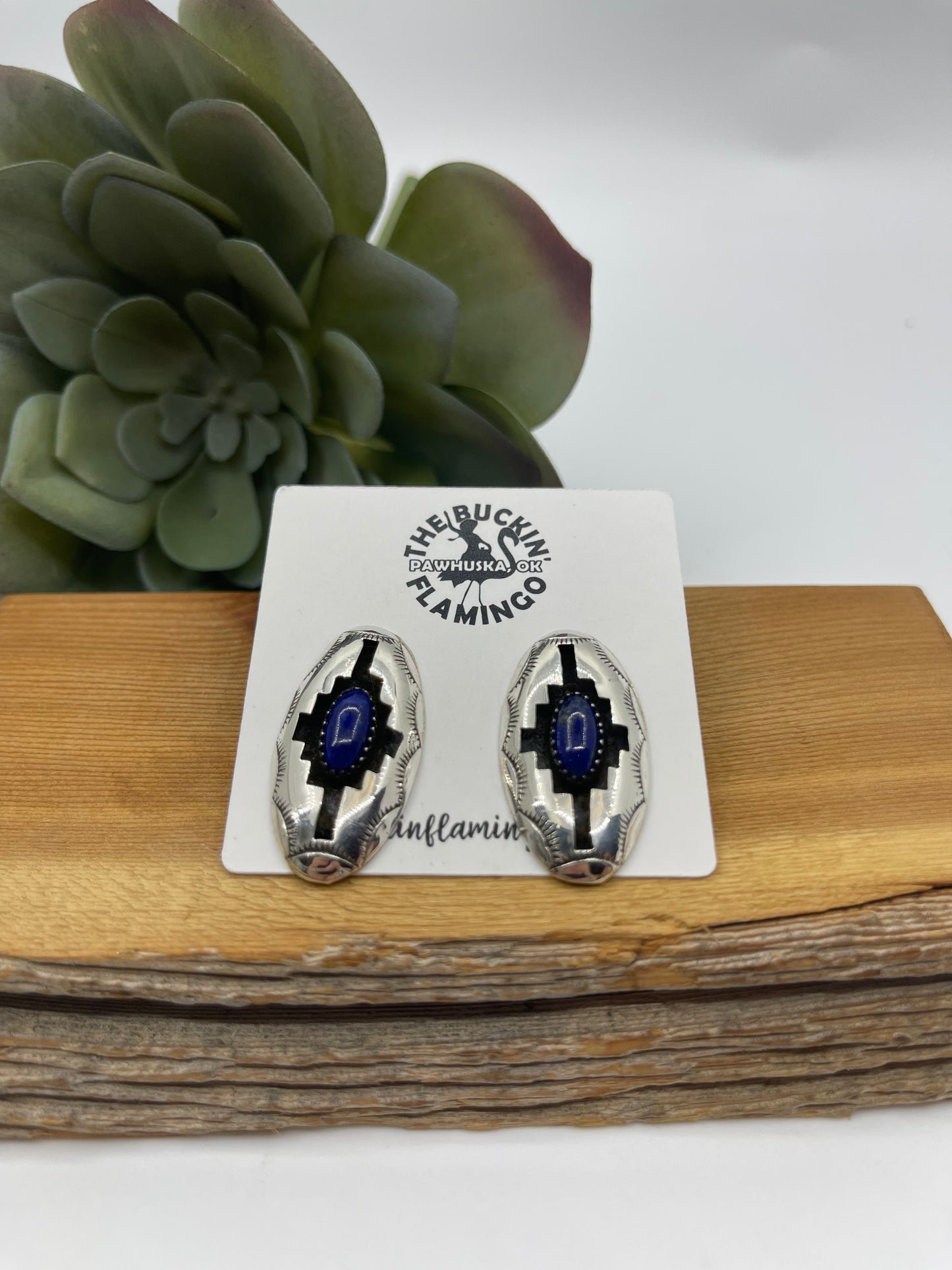 Oval Lapis Shadowbox Post Earrings by Felix Perry, Navajo