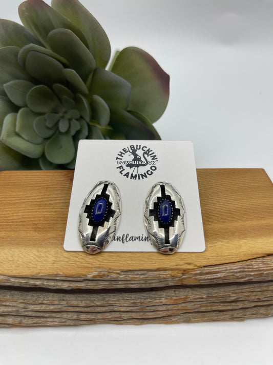 Oval Lapis Shadowbox Post Earrings by Felix Perry, Navajo