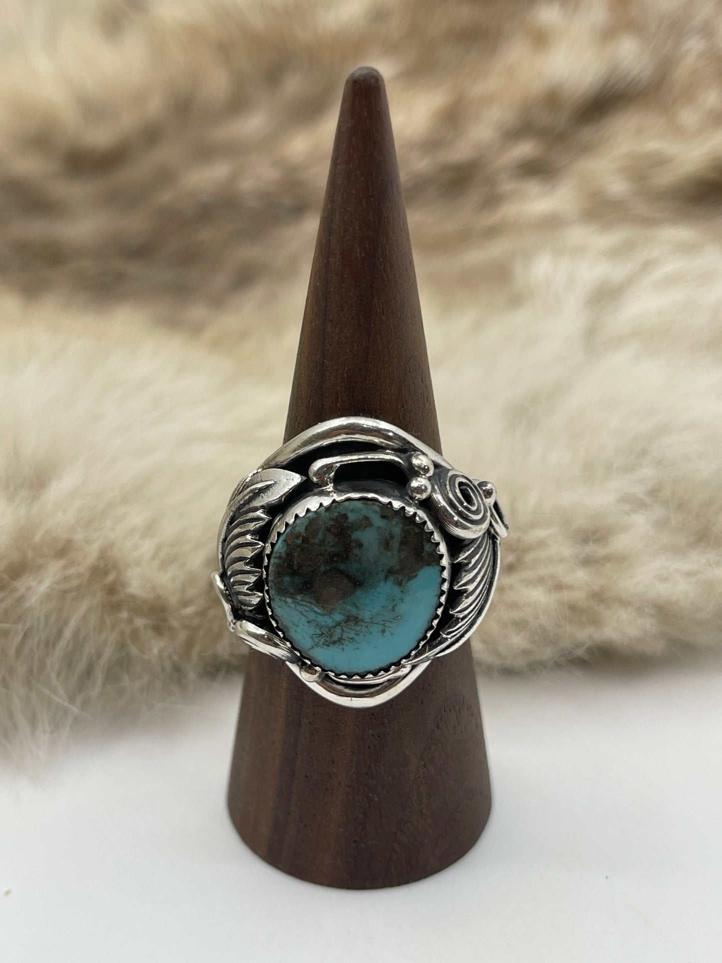 10.0 Turquoise Ring with Feather by Darrell Morgan, Navajo