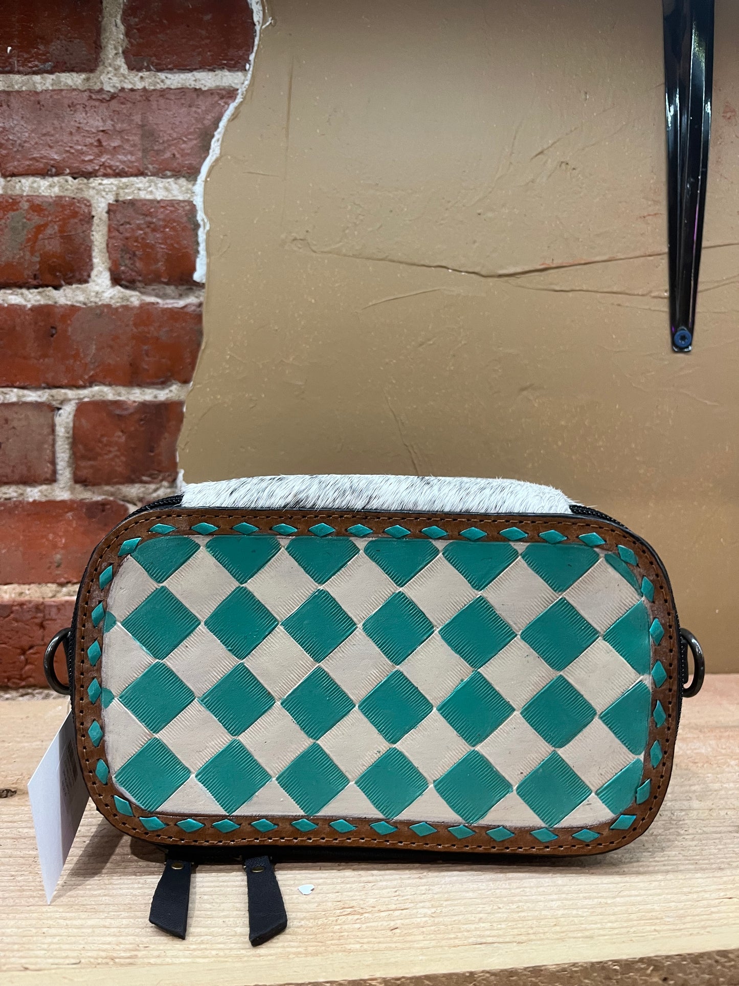 Cowhide and Leather Teal and Black Checkered Makeup Bag