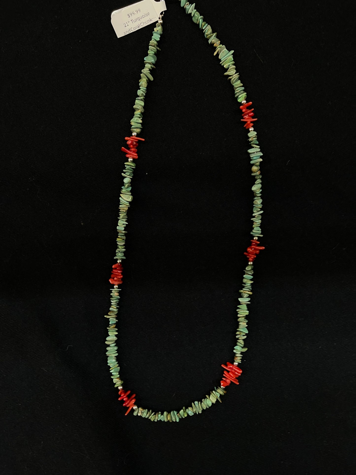 21" Turquoise and Coral Chunk Necklace