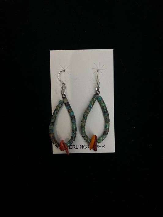 Turquoise Heishi Beads and Spiny Oyster Shell Teardrop Dangle Earrings