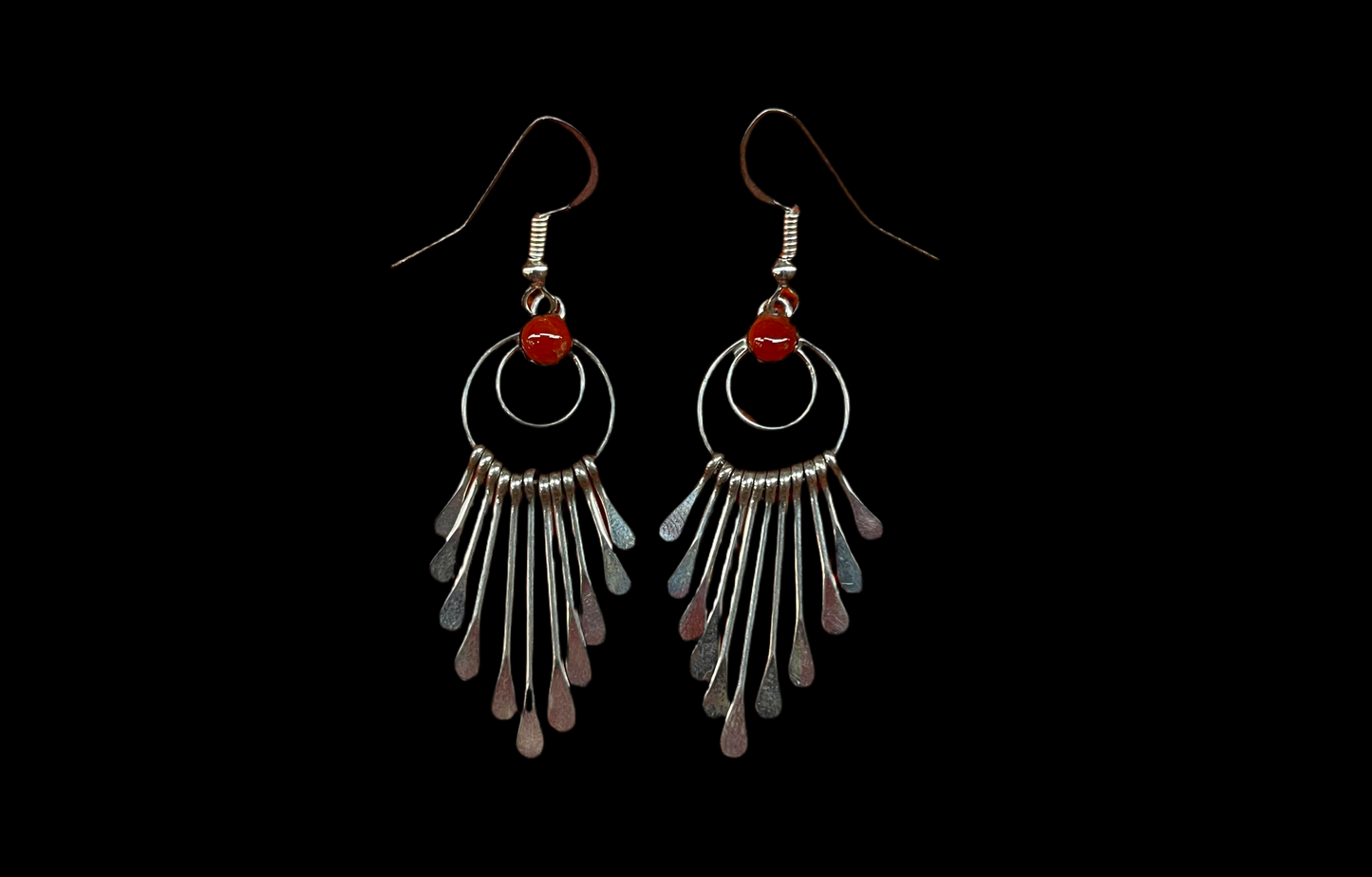 Sterling Silver and Red Coral Fringe Dangle Earrings