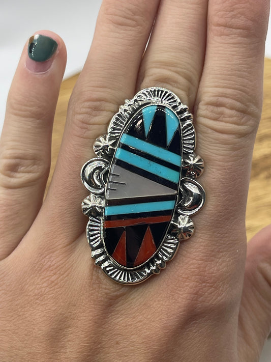 8.0 Inlay Turquoise, Coral, Onyx, and Pearl Ring by Leslie and Gladys Lamy, Zuni