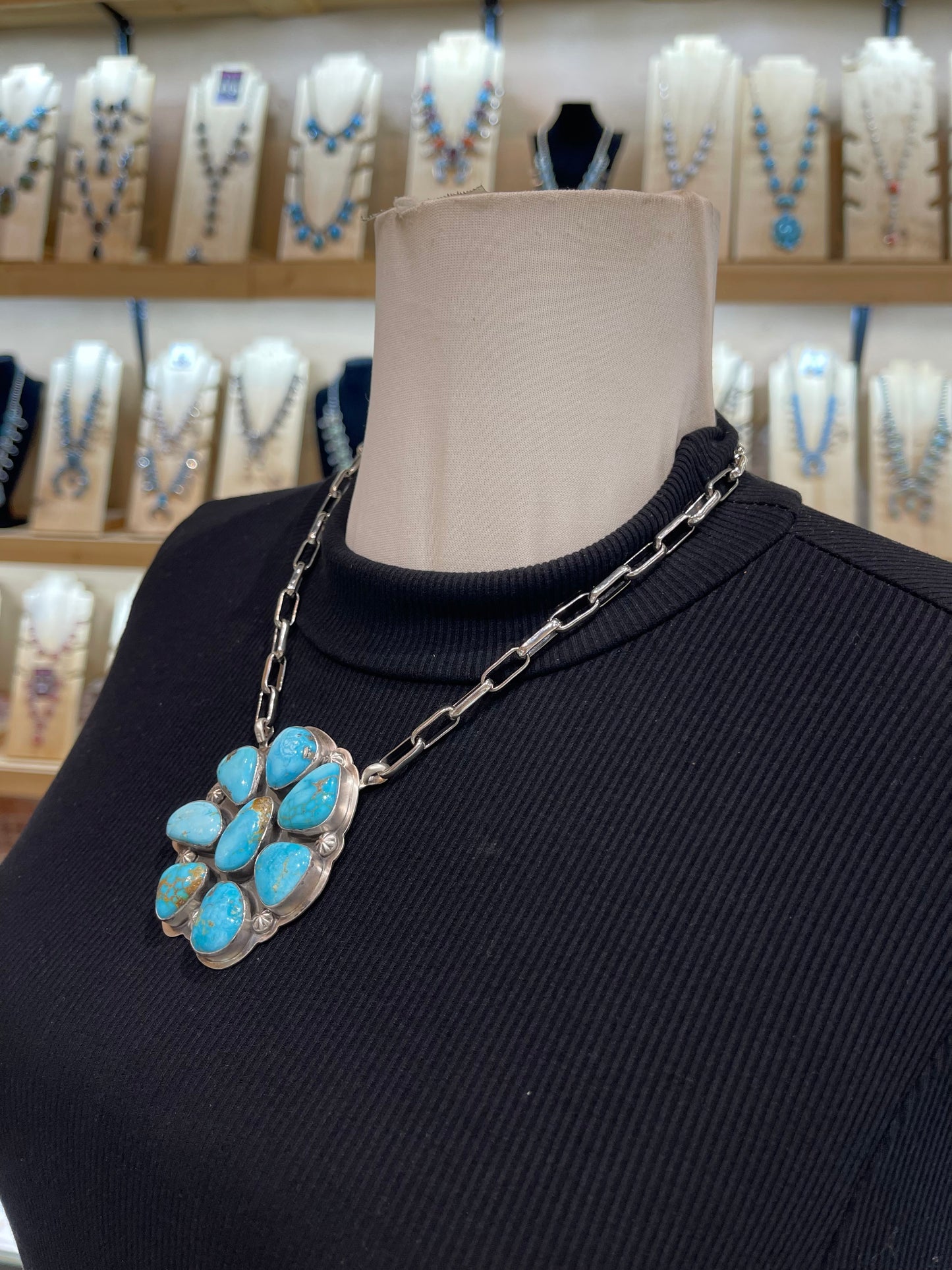 18" High Grade Kingman Turquoise Cluster Necklace by Gabby Jurado, Navajo