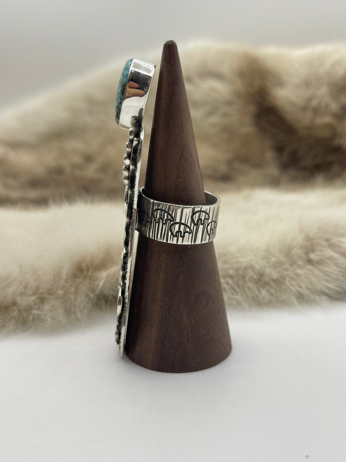 9.0 Kingman Web Turquoise “Grandmother” Petroglyph Ring by Alex Sanchez, Navajo