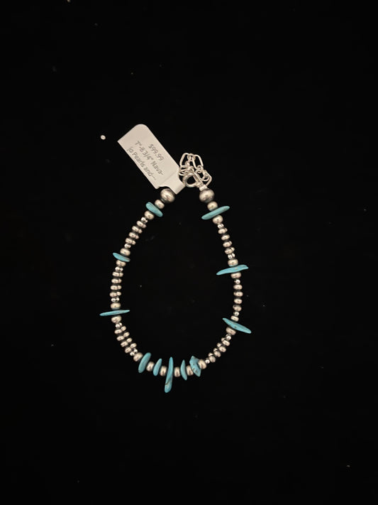 7"-8 3/4" Navajo Pearls and Turquoise Chunk Bracelet by Lucinda Sardo, Navajo