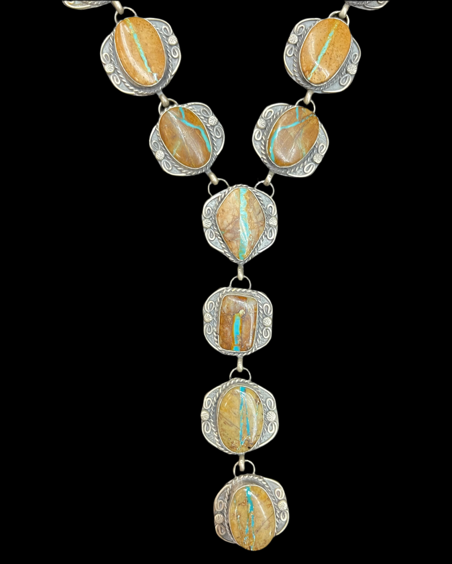 3 Piece Ribbon Turquoise 26" Lariat, 7.5 Ring, and Earring Set by Gilbert Nez, Navajo