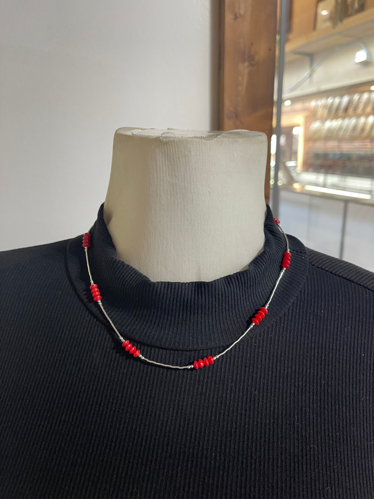 18" Red Coral Cut Bead Necklace On Liquid Silver