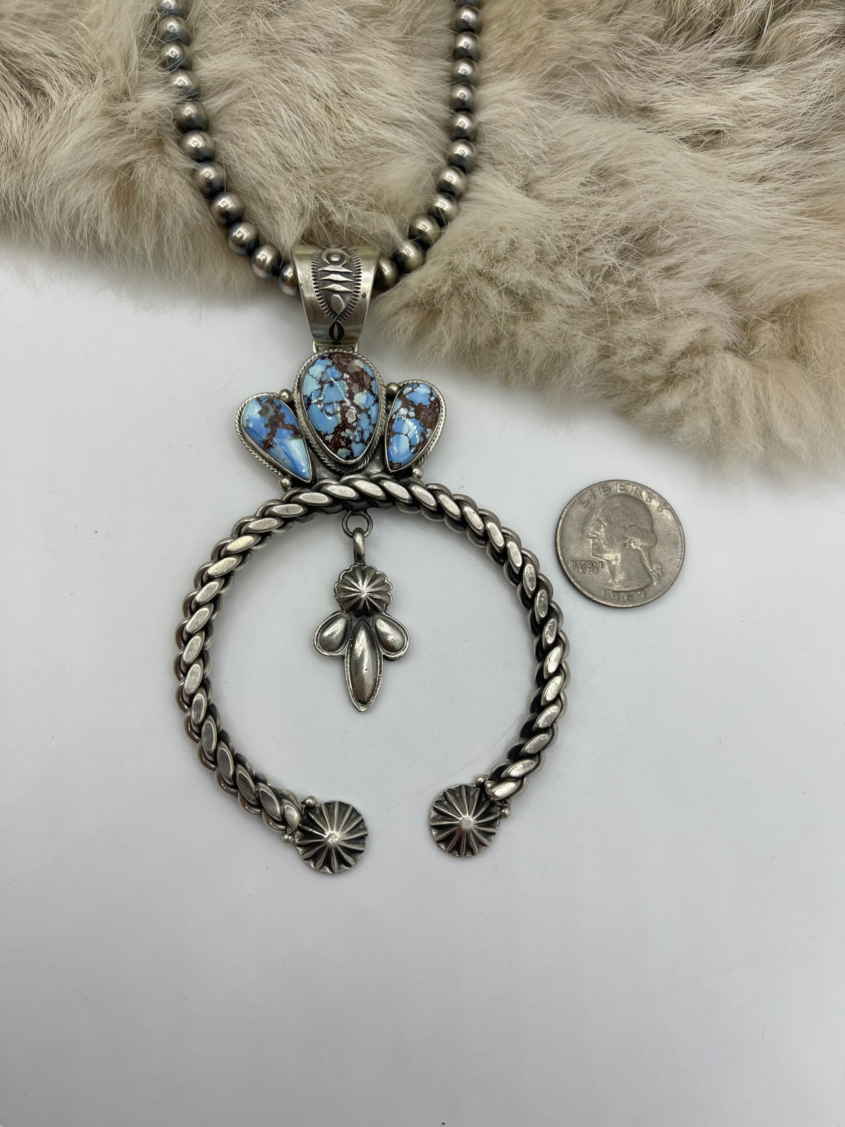 20” 6mm Navajo Style Pearls 3 Stone Golden Hills Turquoise Naja Pendant by Derrick Gordon, Navajo