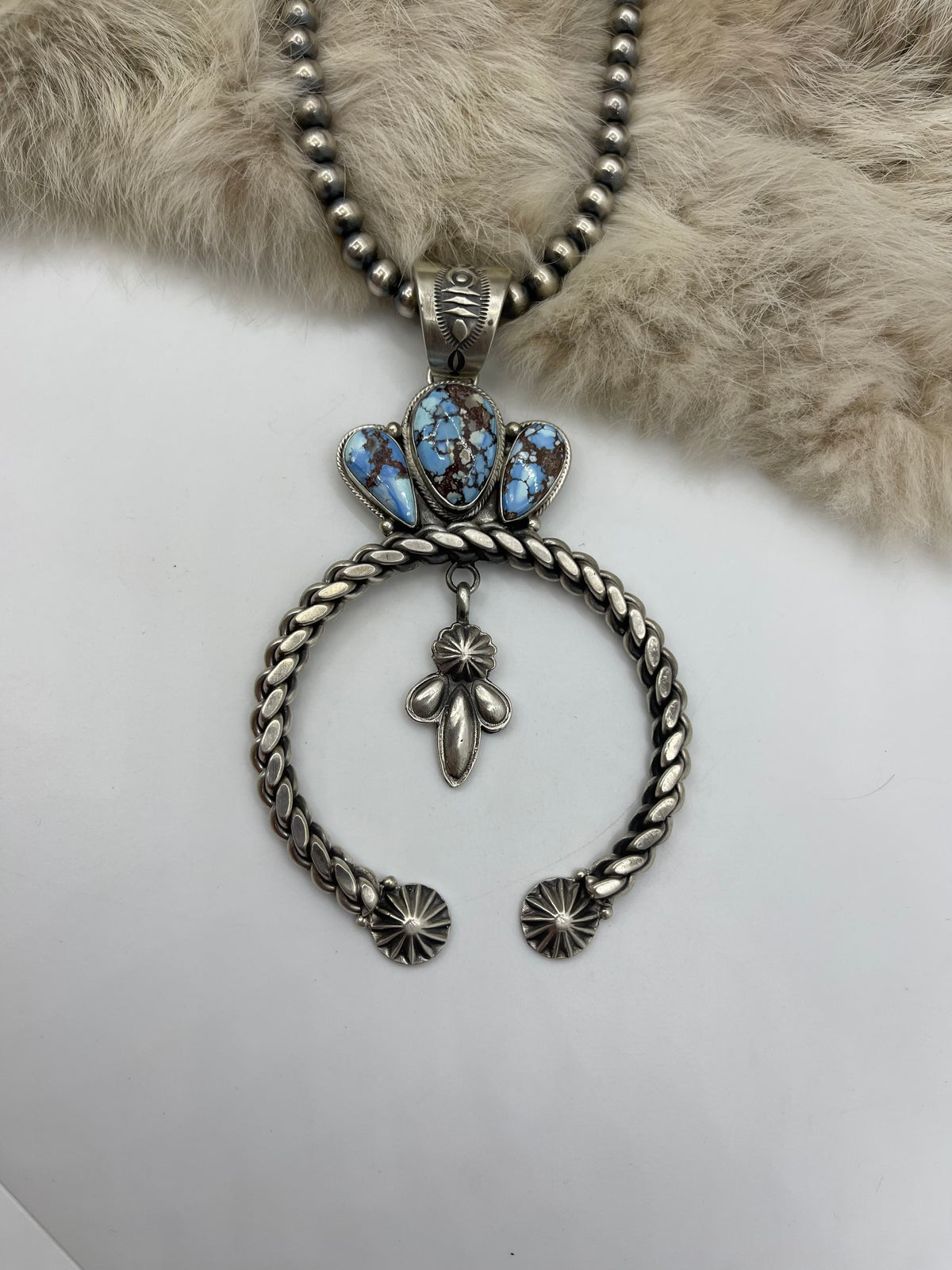 20” 6mm Navajo Style Pearls 3 Stone Golden Hills Turquoise Naja Pendant by Derrick Gordon, Navajo