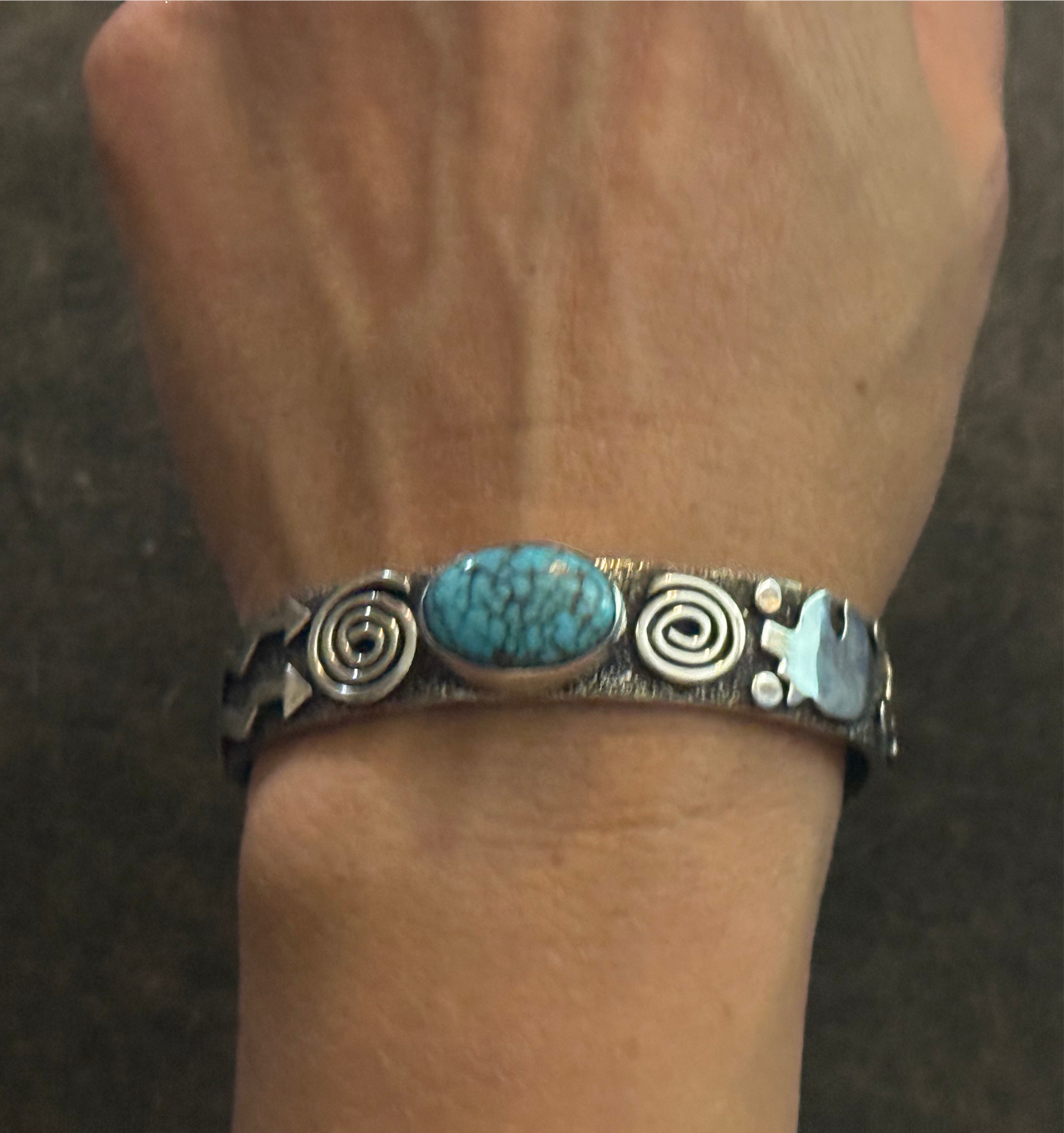 Petroglyph Cuff with Blue Kingman Web Turquoise by Alex Sanchez, Navajo (narrow)