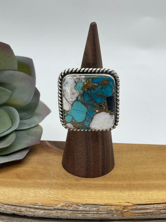Adjustable 5.0-11.0 Turquoise Kingman Krush Ring by Alfred Martinez, Navajo