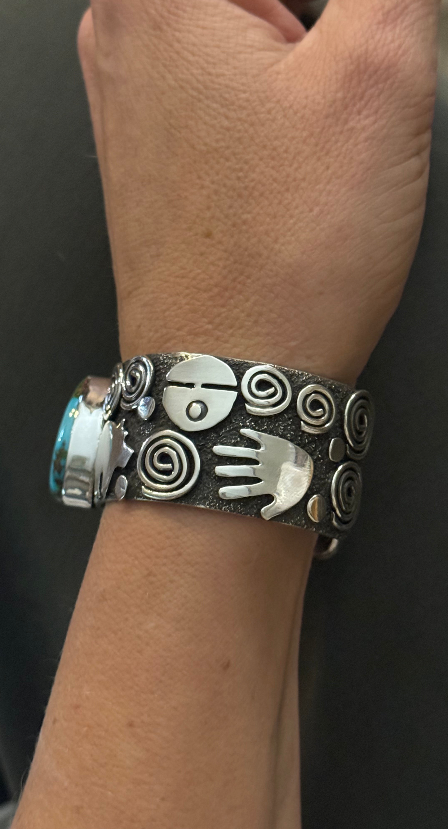 Petroglyph Cuff with High Grade Kingman Turquoise by Alex Sanchez, Navajo (medium width)