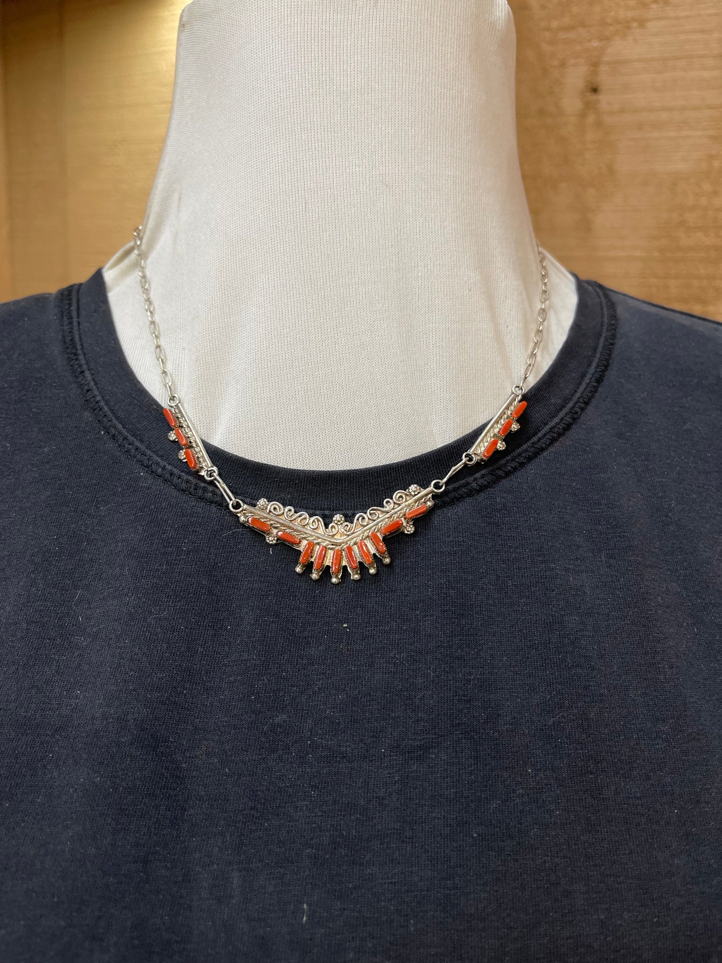 Red Coral Necklace and Earring Set by Jeremy Neha, Zuni