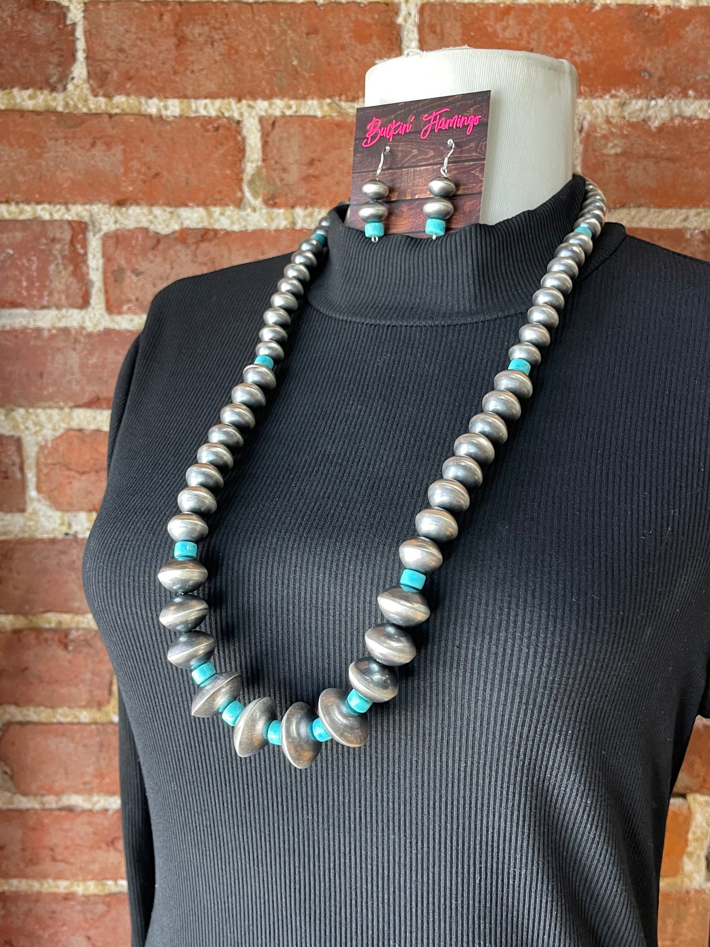 28" 11mm-22mm Handmade Navajo Pearls and Graduated Turquoise Necklace and Earrings Set by Sharon Cooley, Navajo