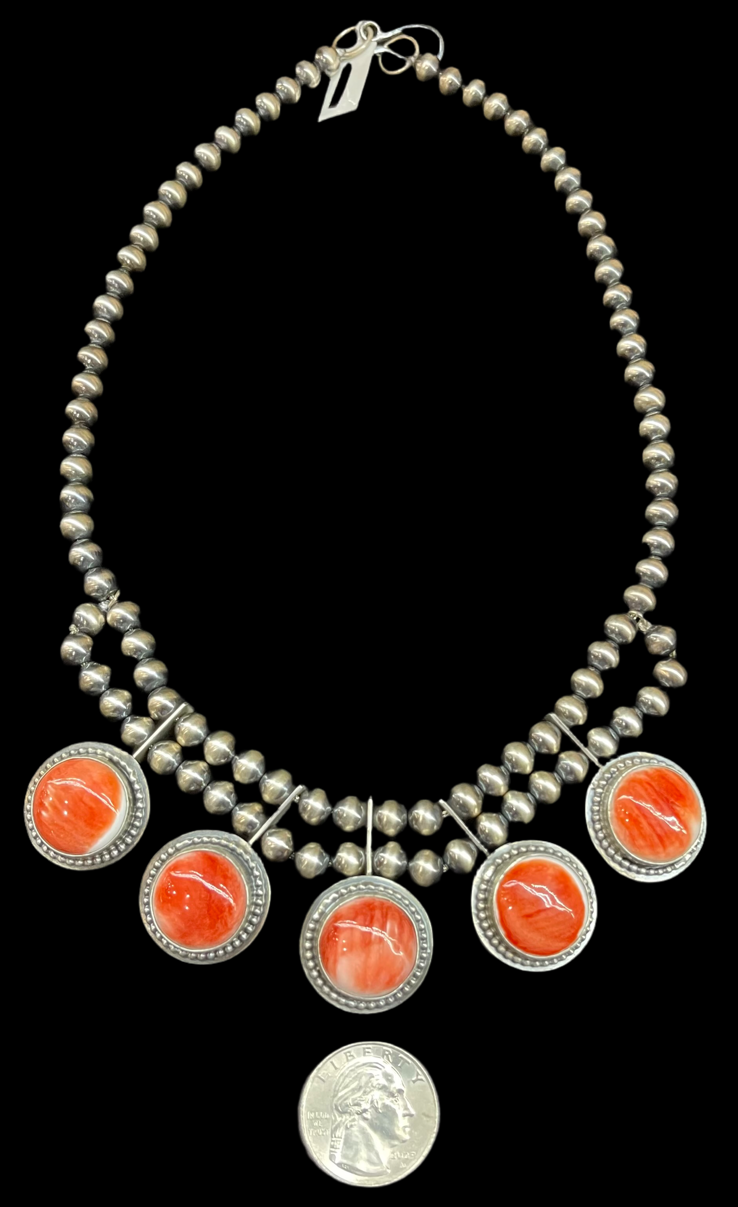 Red Spiny Oyster Shell and 7mm Navajo Pearl Necklace by Calvin Delgarito, Navajo