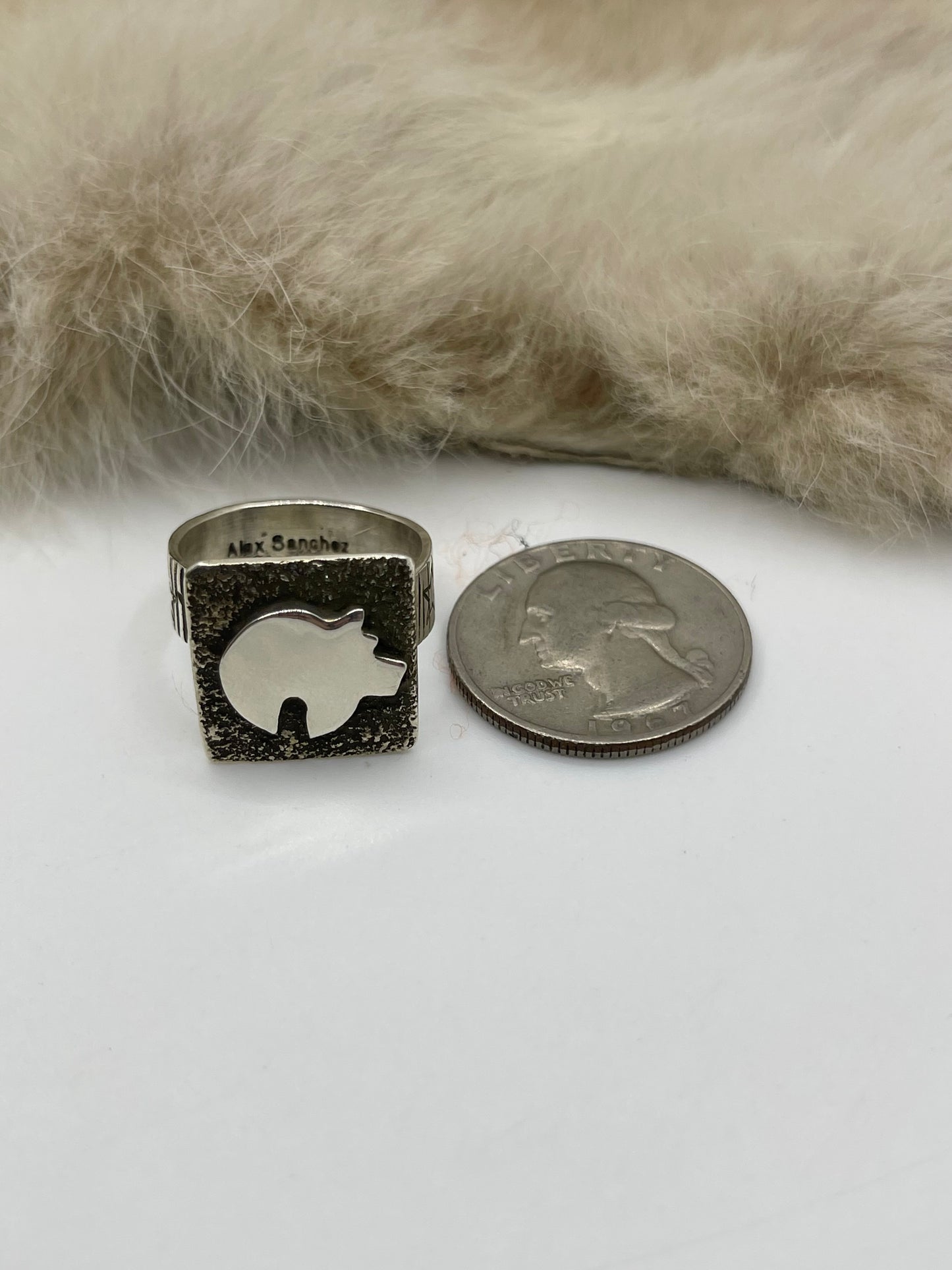 Adjustable 7.0-12.0 Bear Mini Petroglyph Ring by Alex Sanchez, Navajo