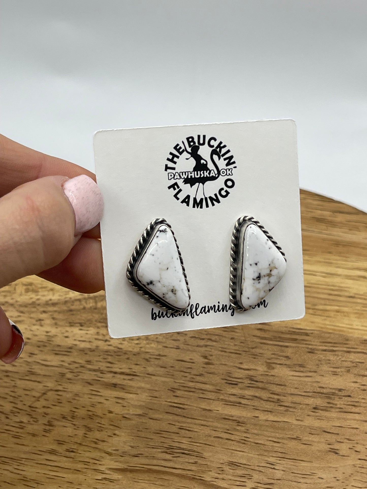 White Buffalo Triangle Post Earrings by Elouise Kee, Navajo
