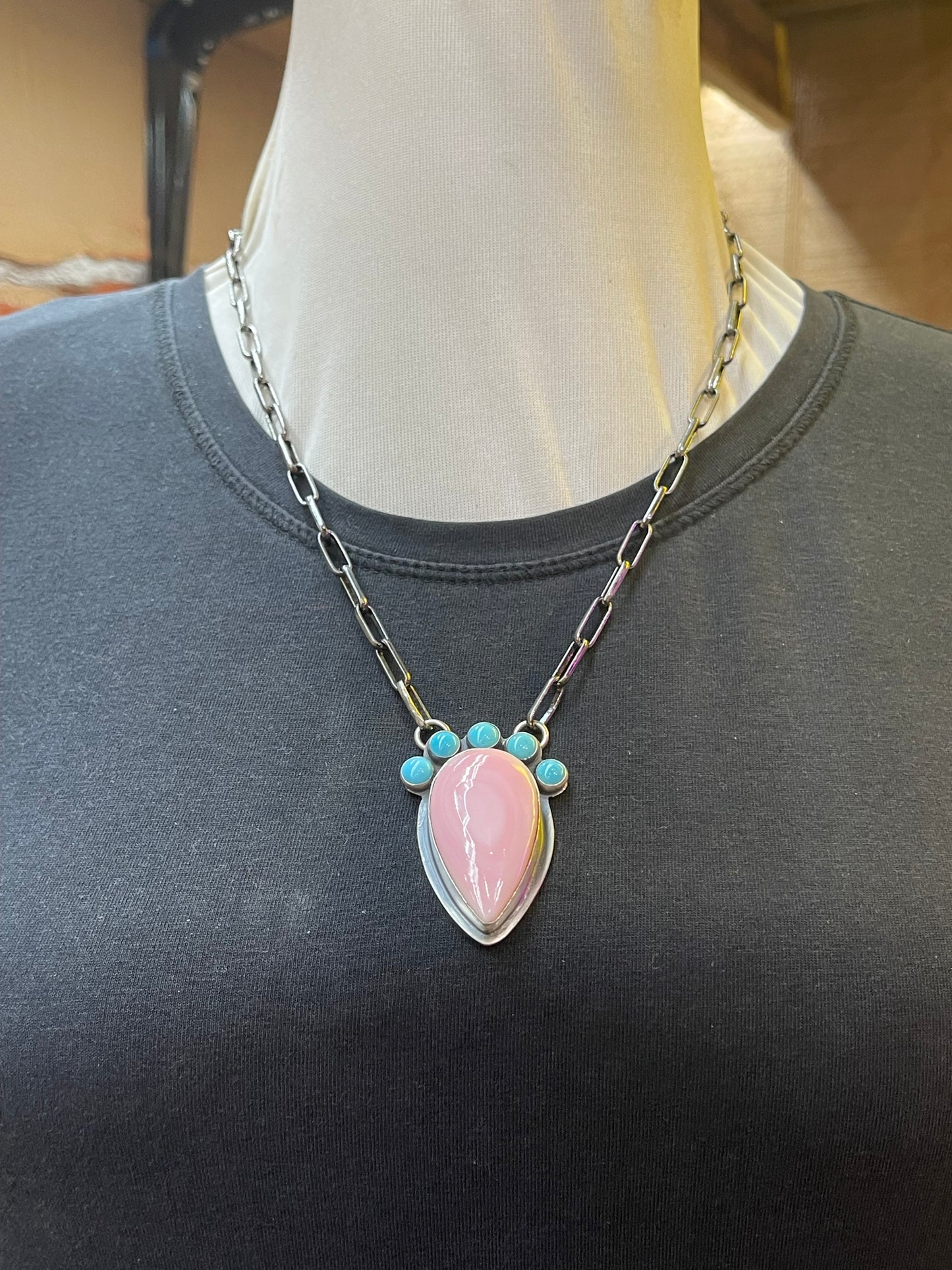 Turquoise and Pink Conch PaperClip Necklace