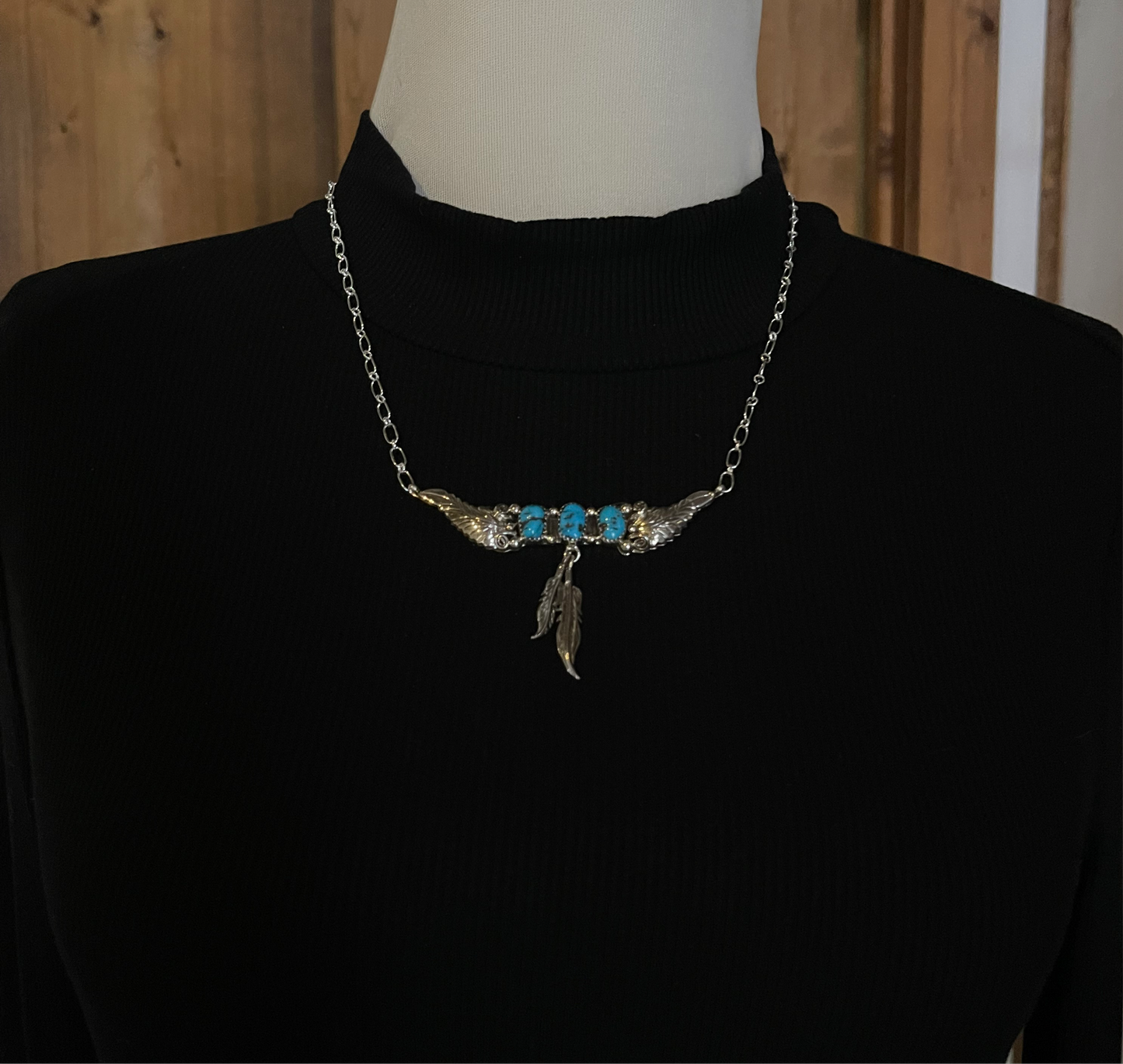 18" Feather Necklace with Kingman Turquoise by Sadie Jim, Navajo