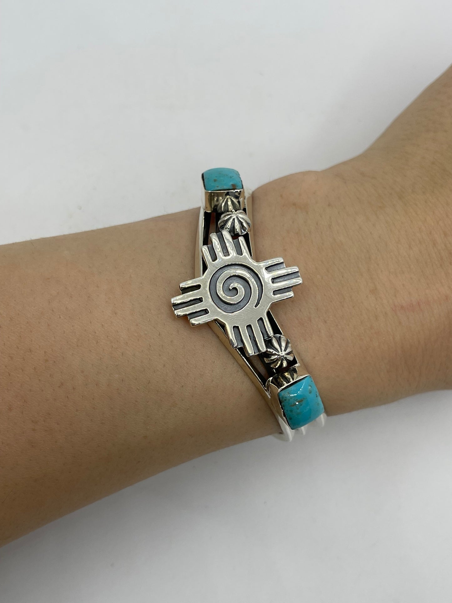 6”-6.5” 2 Stone Turquoise with Zia Symbol Cuff by Mike Smith, Navajo
