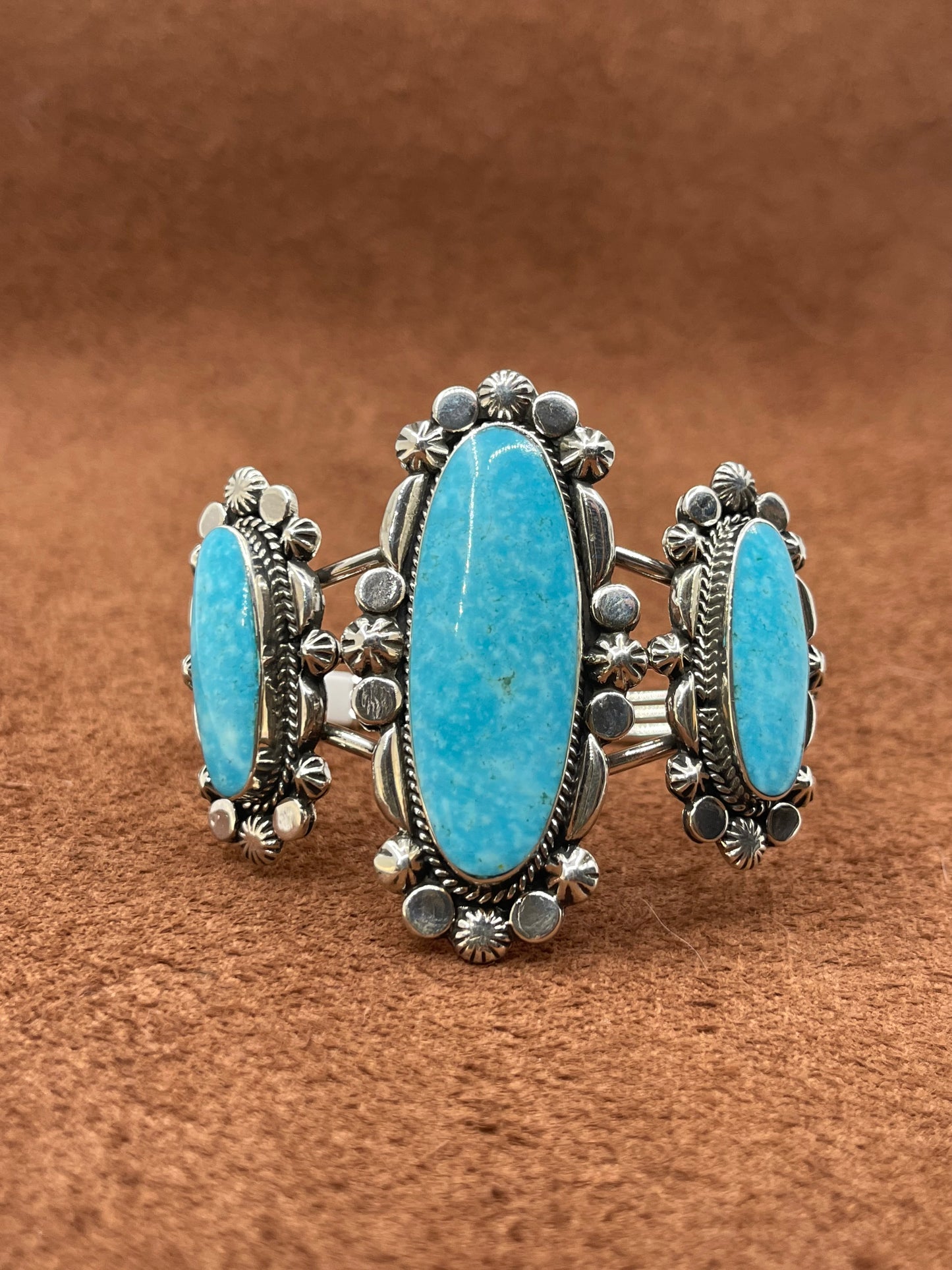 5 3/4"-6 3/4" 3 Stone Turquoise Oval Cuff by David Lopez, Navajo