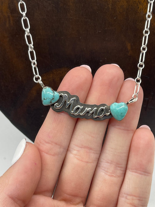 17" Turquoise Heart "MAMA" Necklace with Paperclip Chain