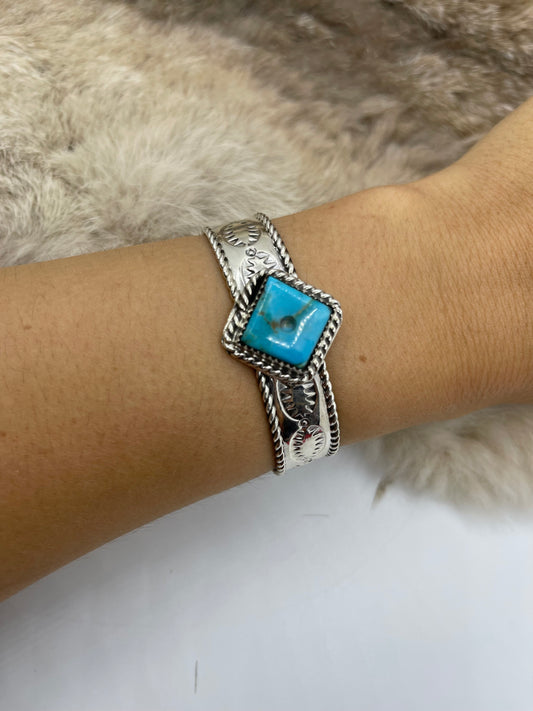 6.25”-6.75” Turquoise “Dice” Ace Cuff with Stamping by Jason Bahe, Navajo
