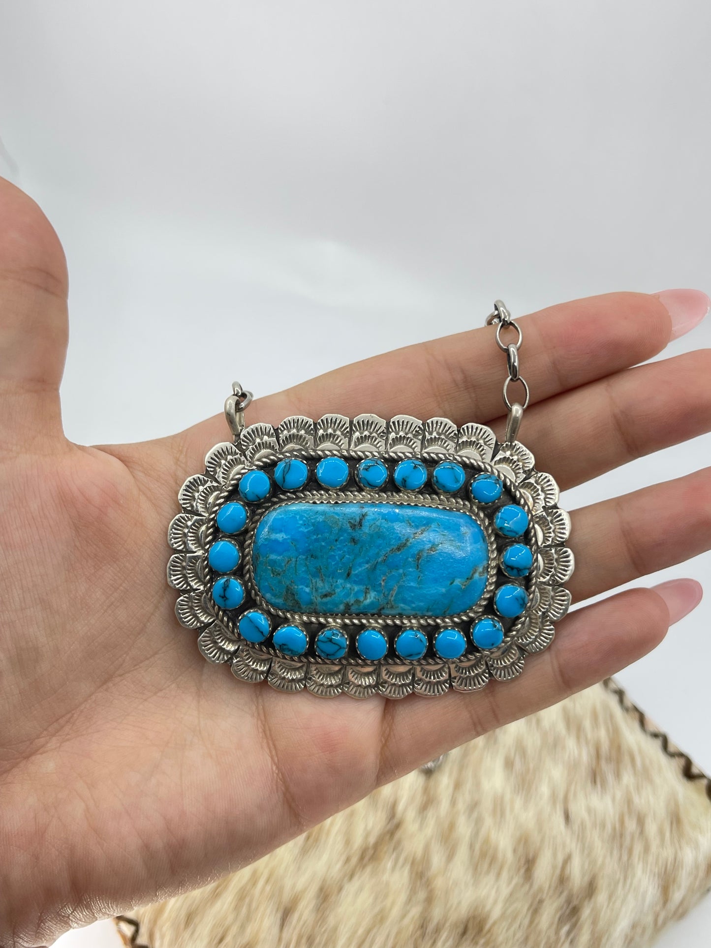 18" Kingman Turquoise Cluster Bar Necklace by Larry Etsitty, Navajo