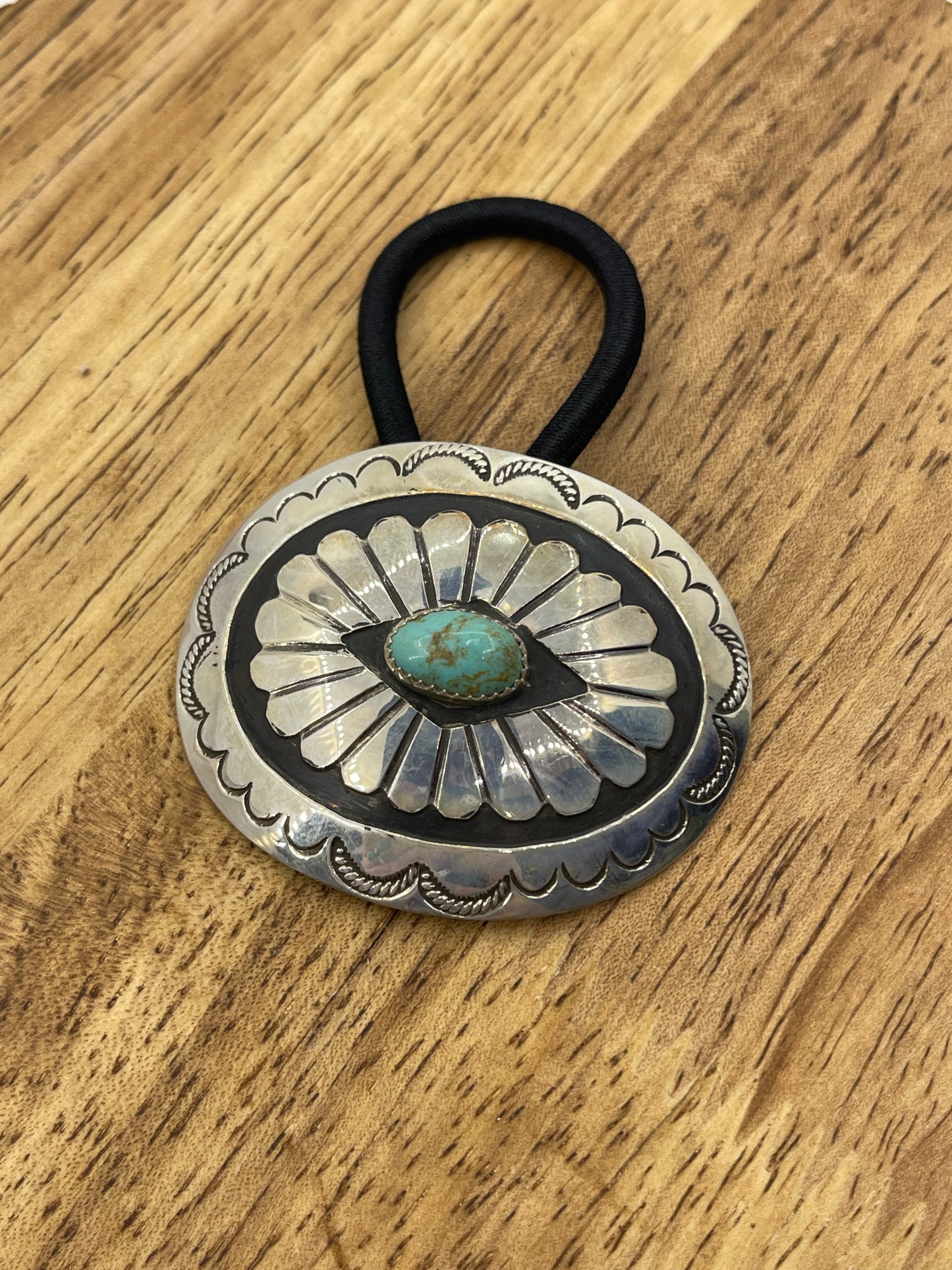 Large Concho Turquoise Ponytail Holder by Jolene Begay, Navajo (Stamping May Vary)