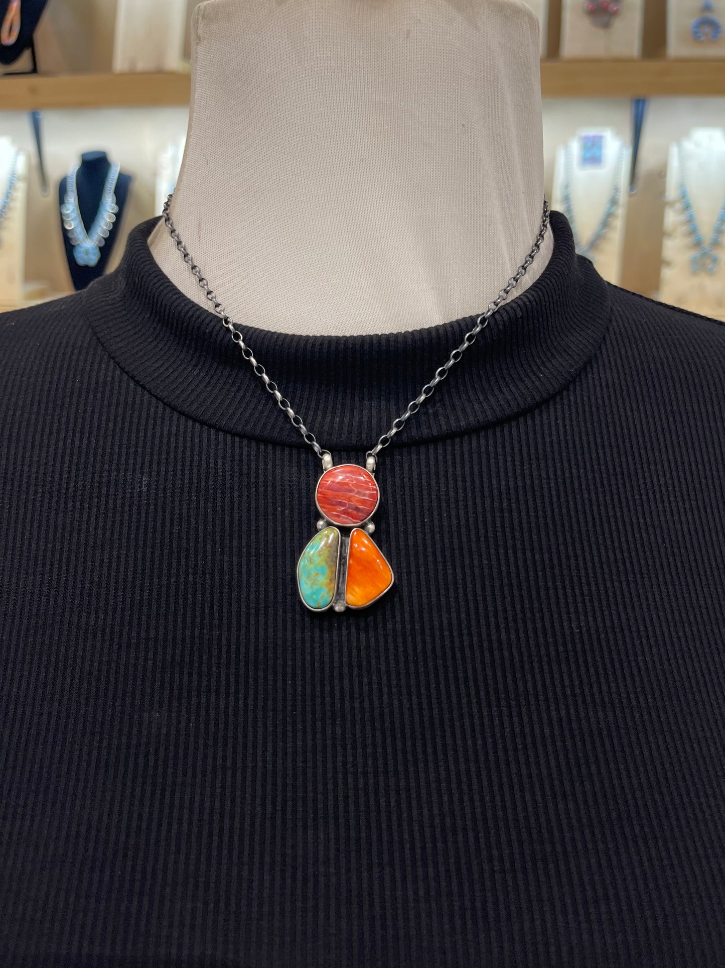 16" Multi-Colored 3 Stone Cluster Necklace by Donovan Skeet, Navajo