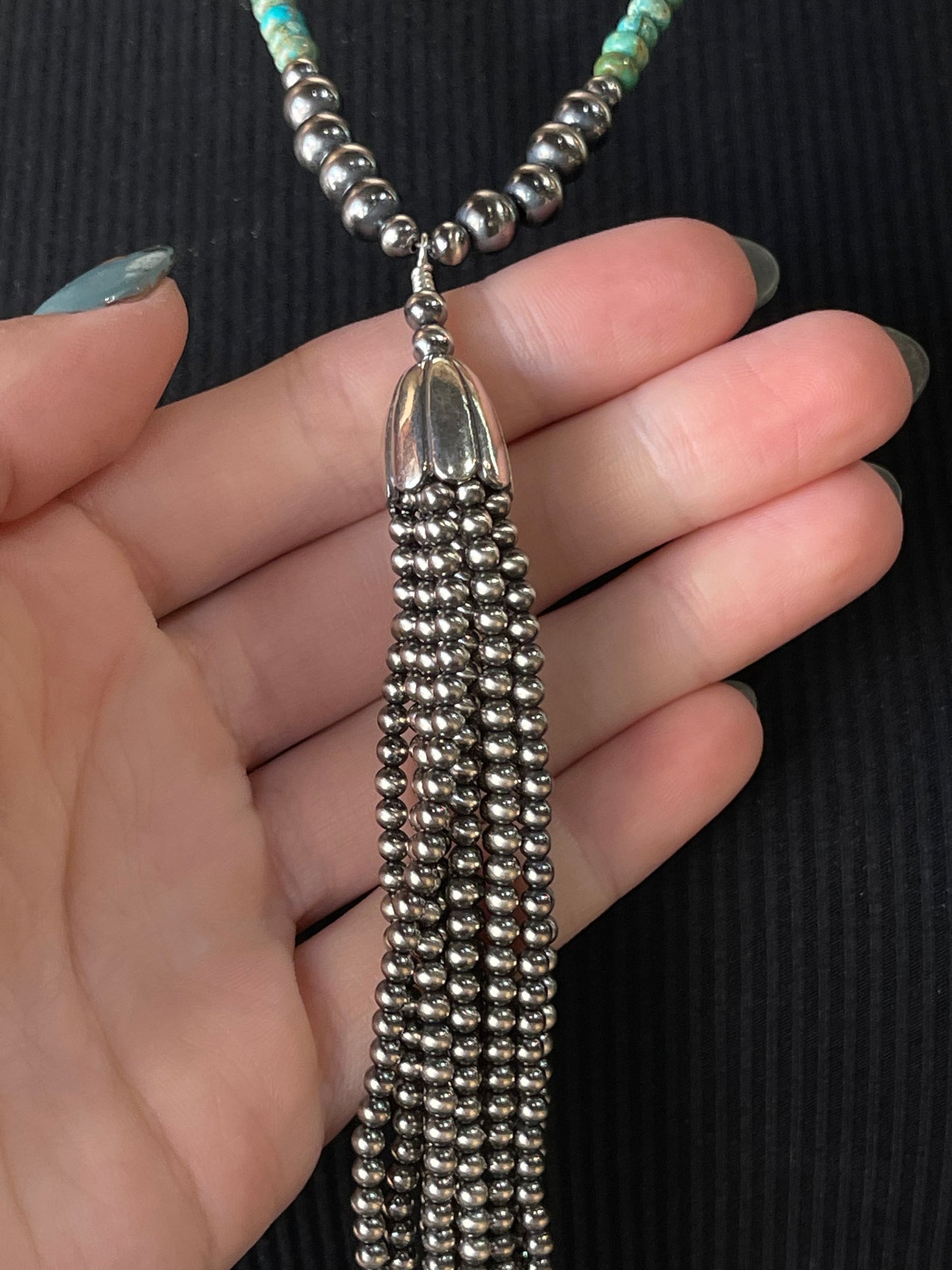 20"+5" 6mm Navajo Pearls and Turquoise Tassel Necklace