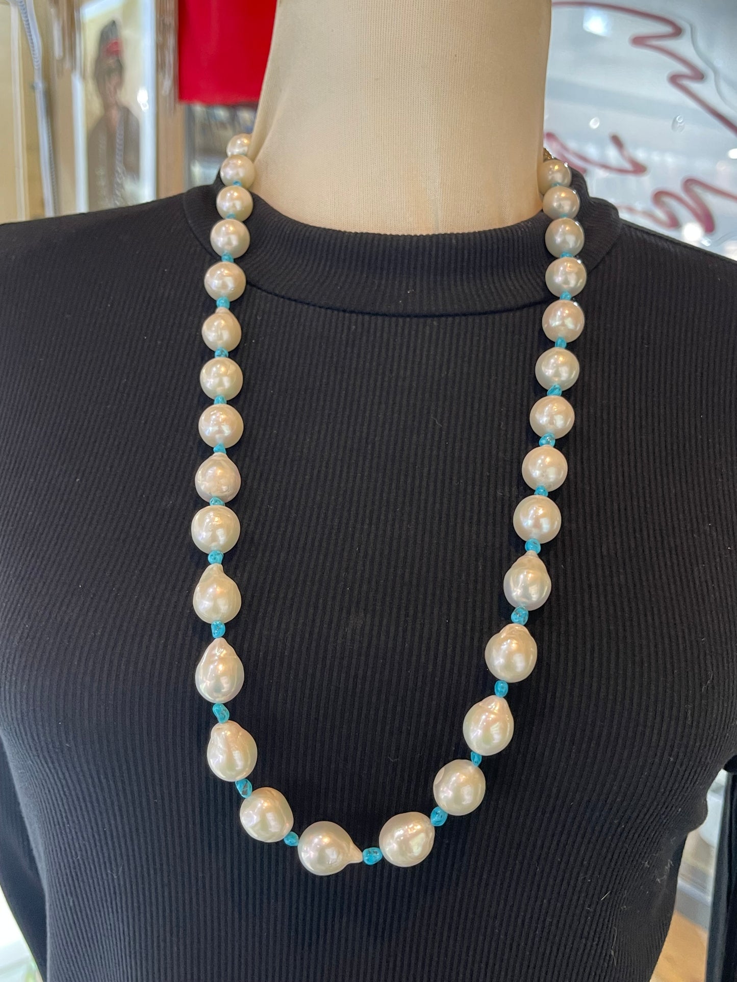 30" Freshwater Pearl & Turquoise Necklace