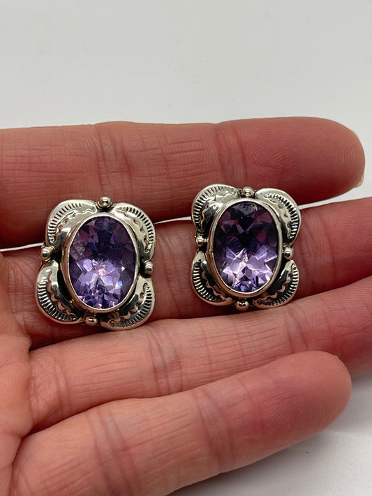 Oval Amethyst Post Earrings by Sadie Jim, Navajo