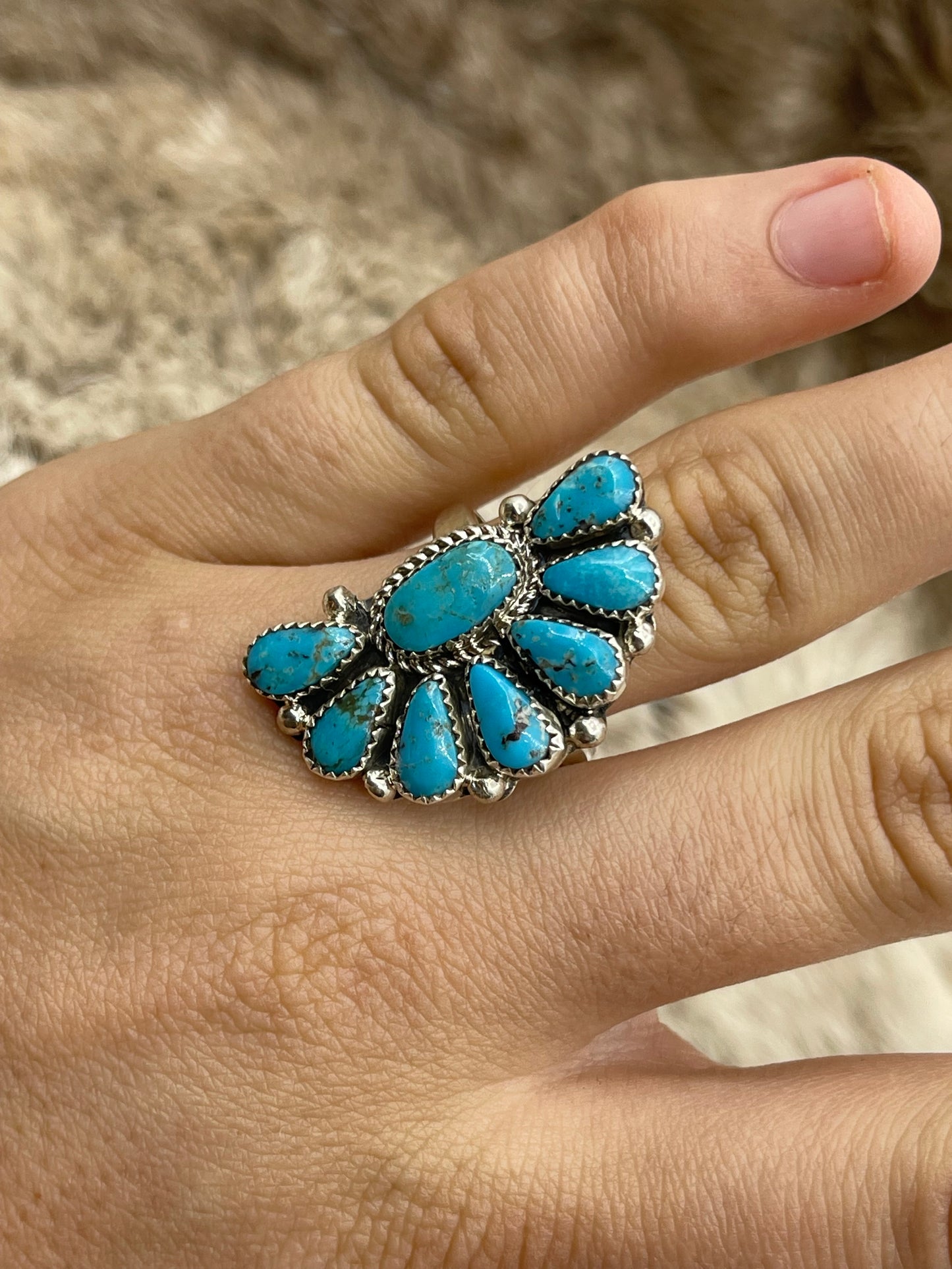 Adjustable 7.0-11.0 Blue Turquoise Half Cluster Ring by Alicia Wilson, Navajo
