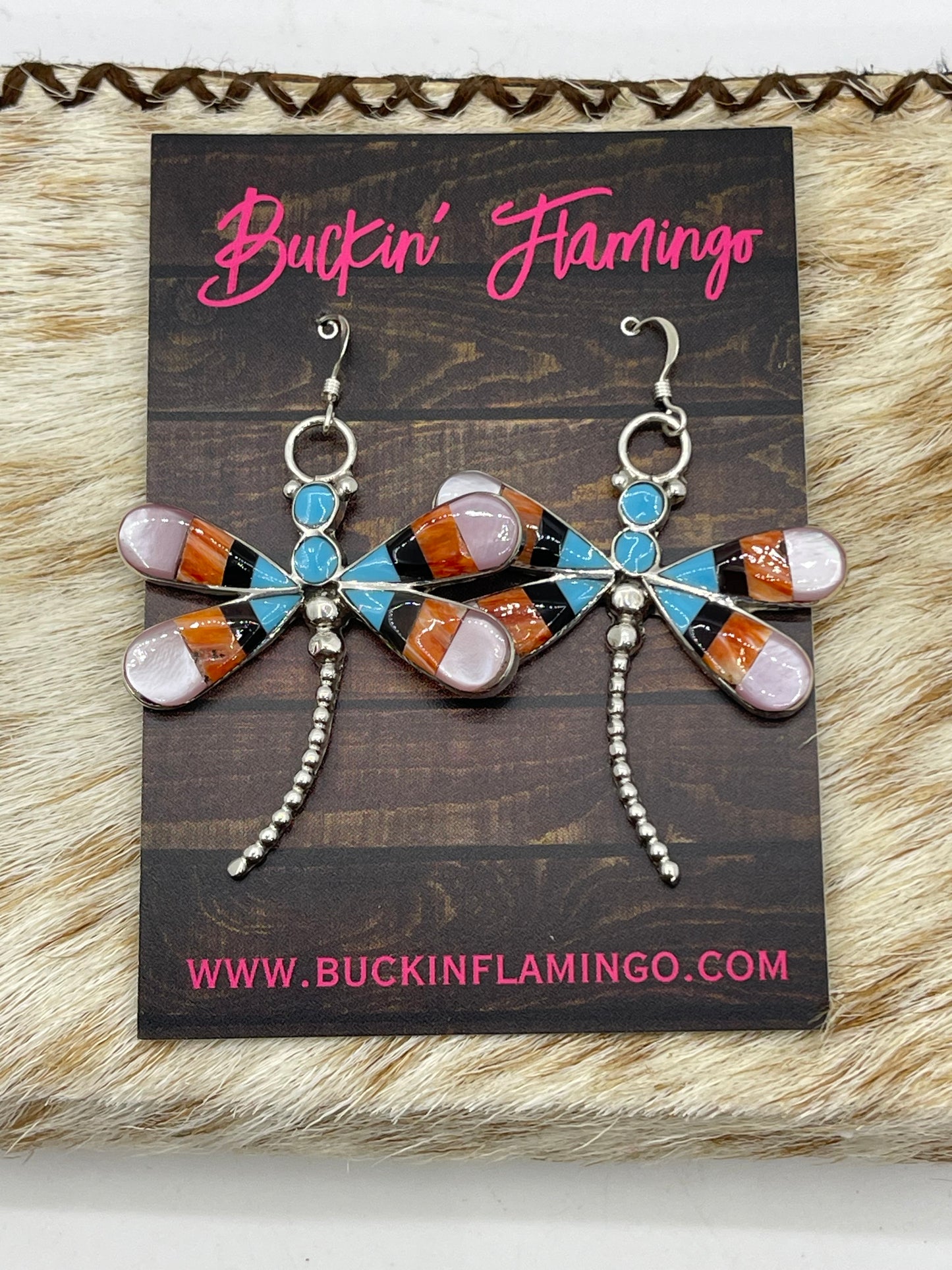 Turquoise, Black Onyx, Spiny, and Mother of Pearl Dragonfly Dangle Earrings by Angus Ahiyite, Zuni