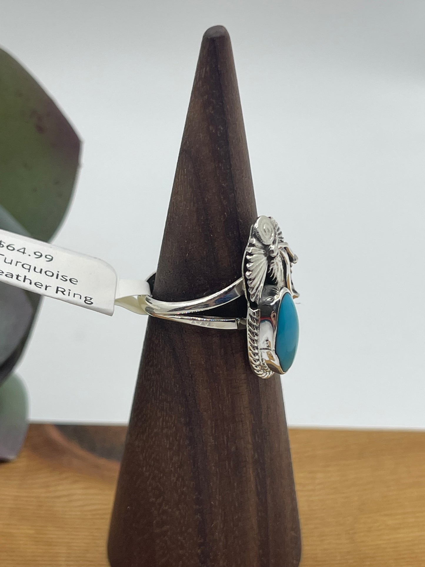 5.5 Turquoise Oval Feather Ring by Harris Largo, Navajo