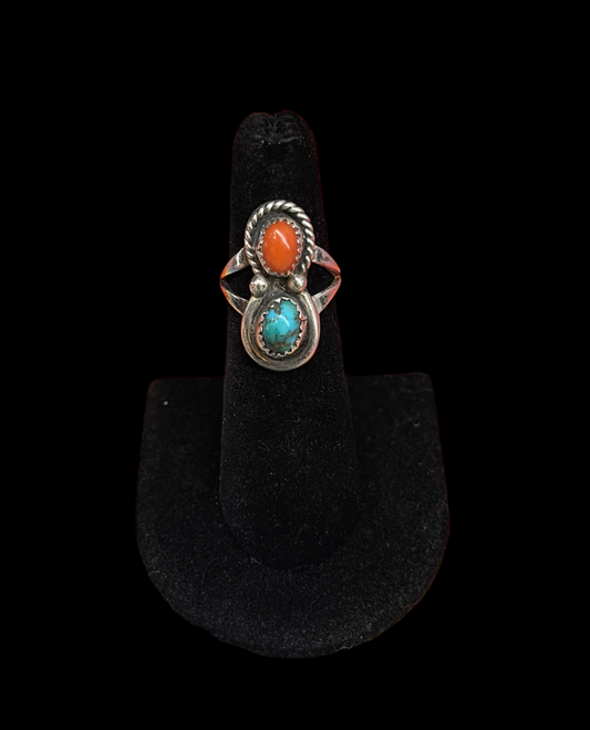 5.5 Vintage Red Coral and Kingman Turquoise Ring