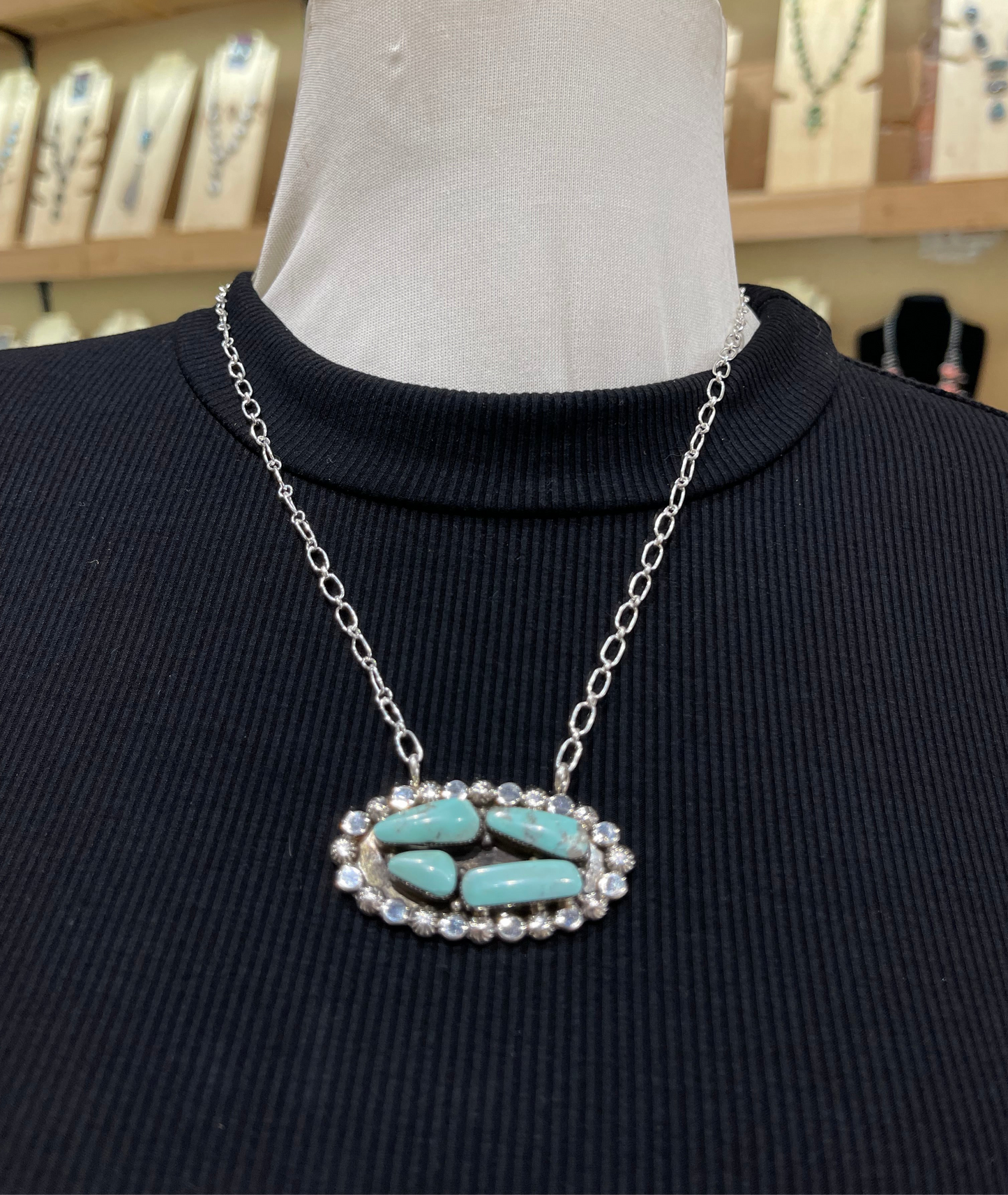 20" 4 Stone Turquoise Oval Necklace by Sadie Jim, Navajo